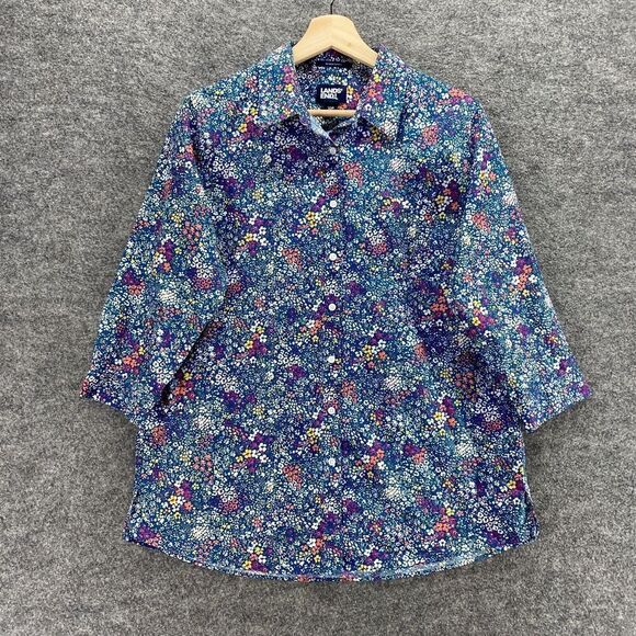 Lands' End Shirt Women 10P Petite Blue Floral Button Up Collared 3/4 Sleeve - Picture 1 of 9